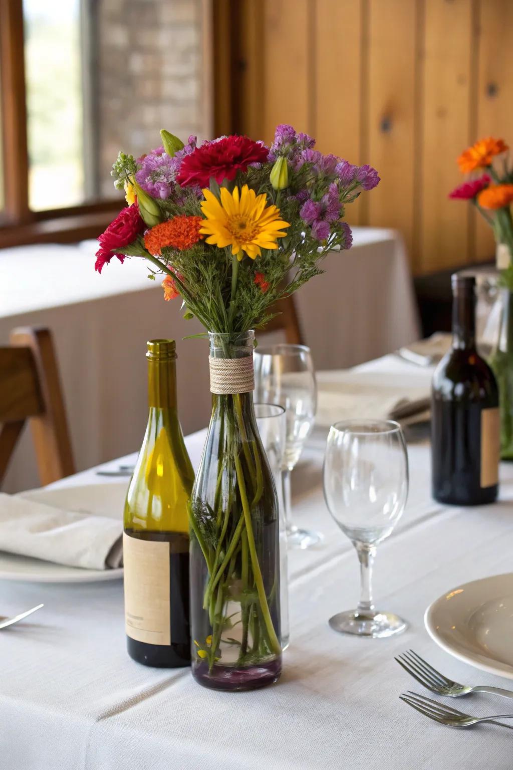 Repurposed bottle vases combine creativity with sustainability.