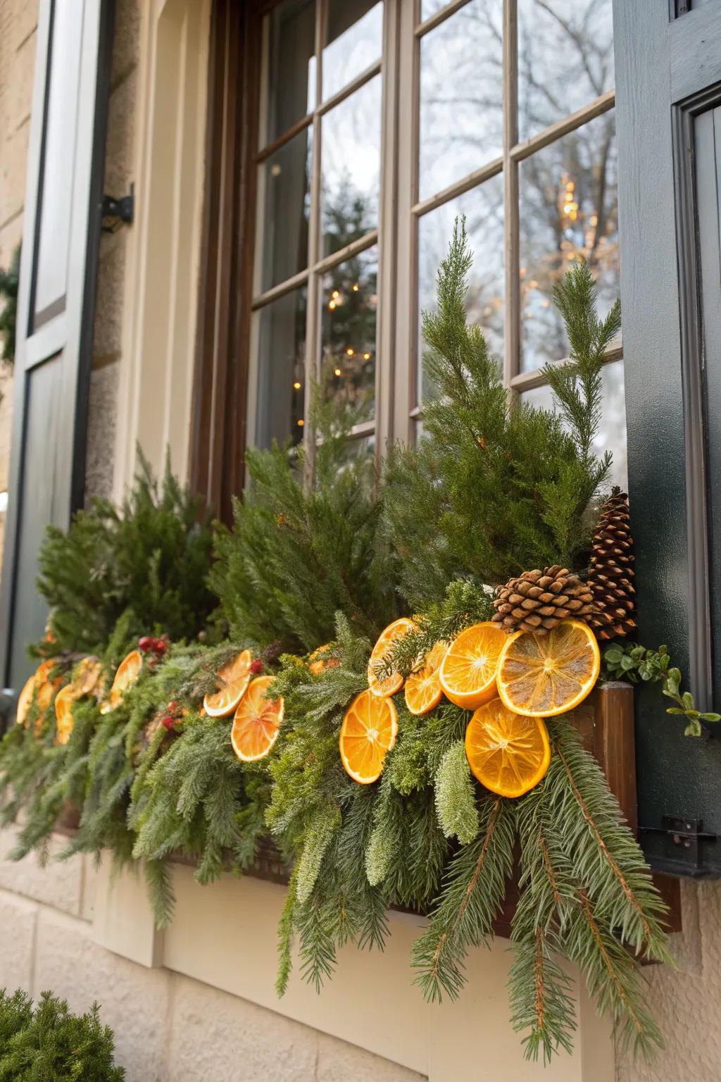 Dried citrus slices add color and a fresh scent to this winter window box.