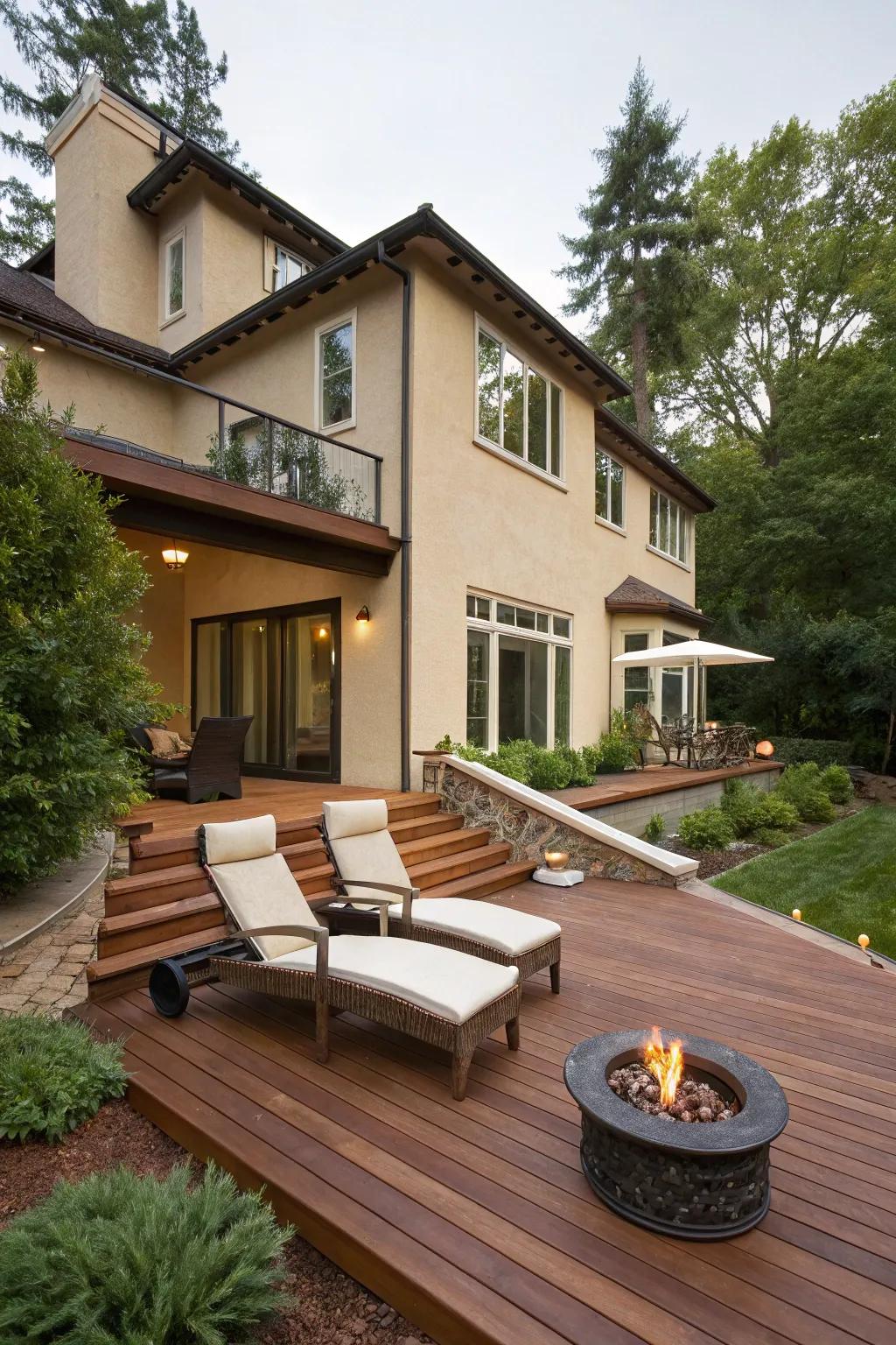 Espresso decking provides a bold and dramatic contrast to a tan house.