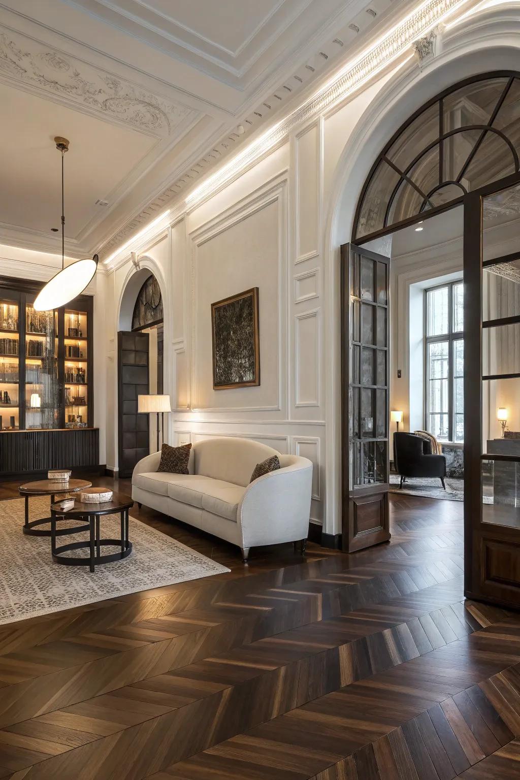 Stylish room with contrasting timber flooring.