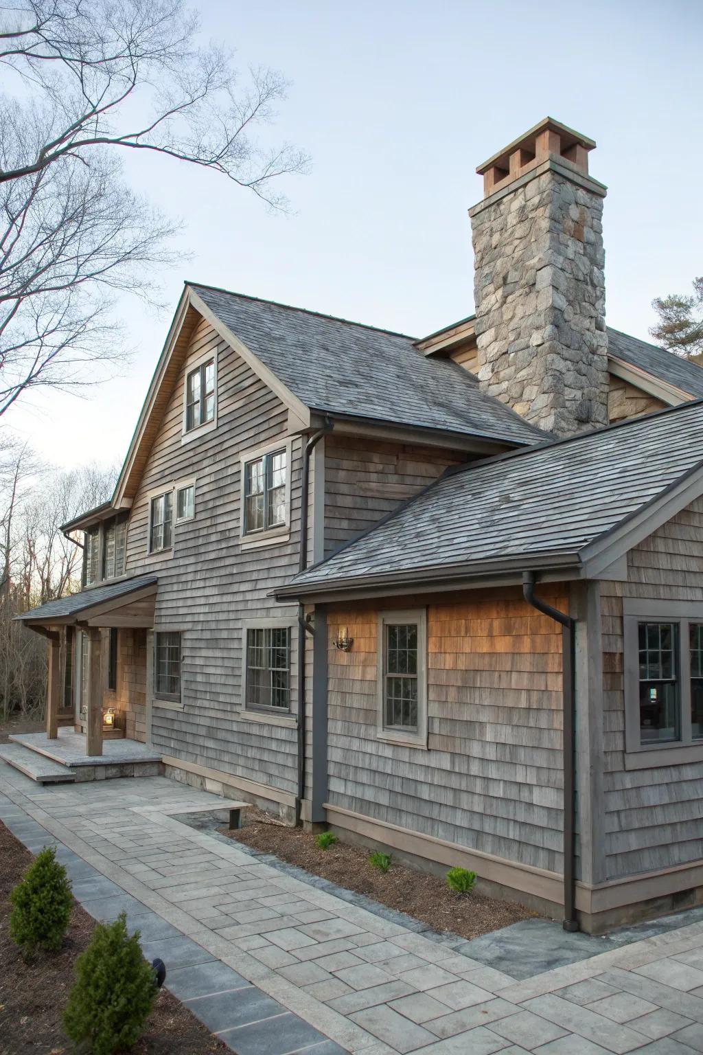 A wood-clad house that exudes sophistication with slate tones.