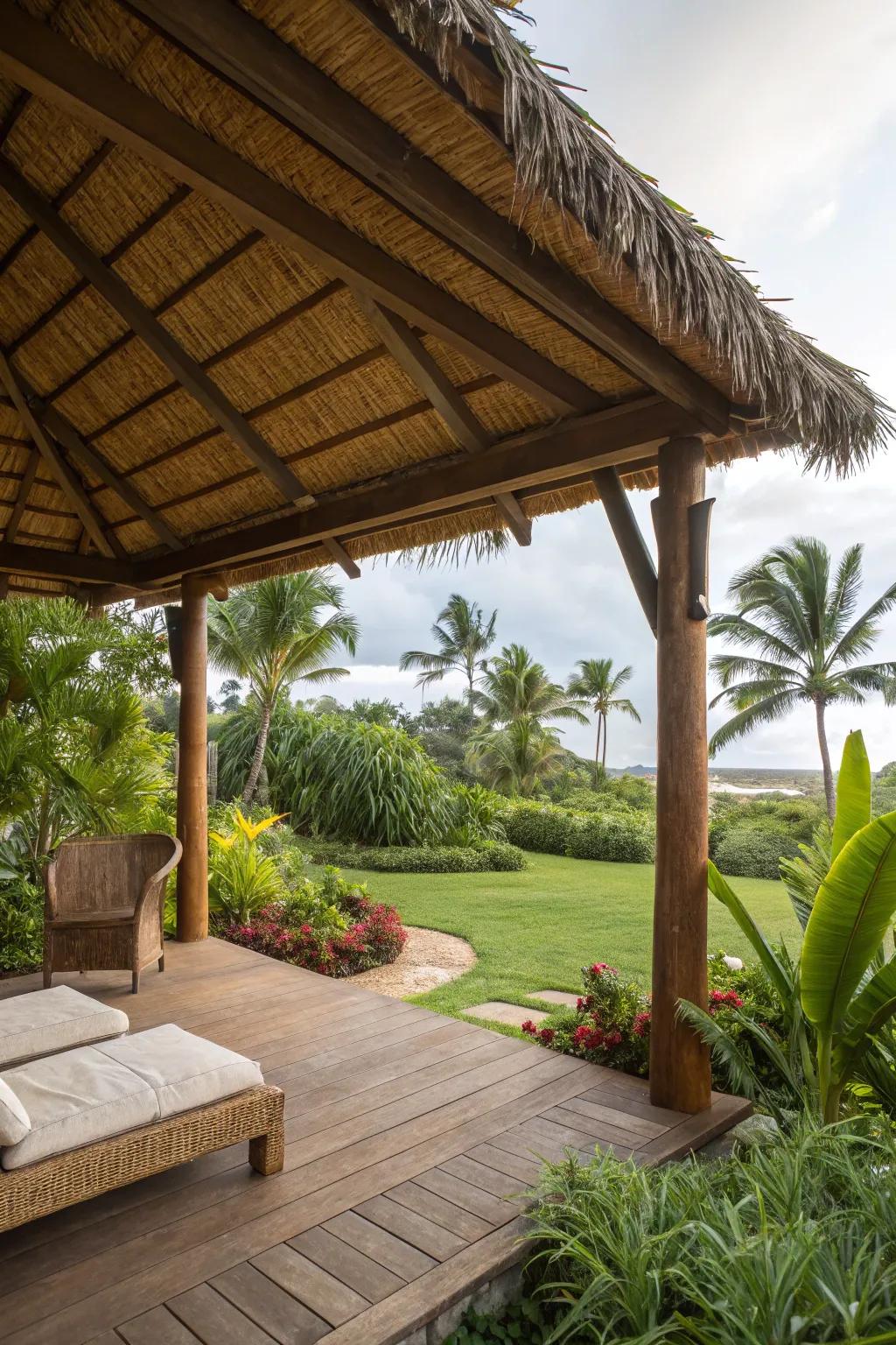 An exotic thatched roof adding charm to a patio cover.