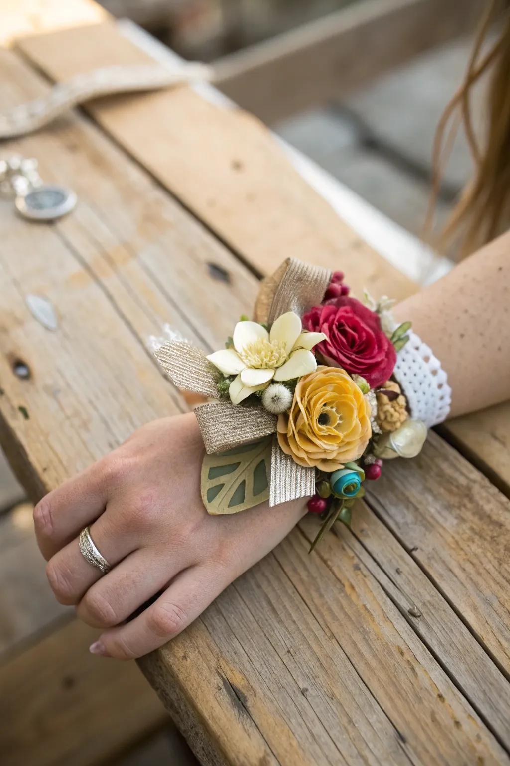 Sustainable wrist adornment using reclaimed materials.