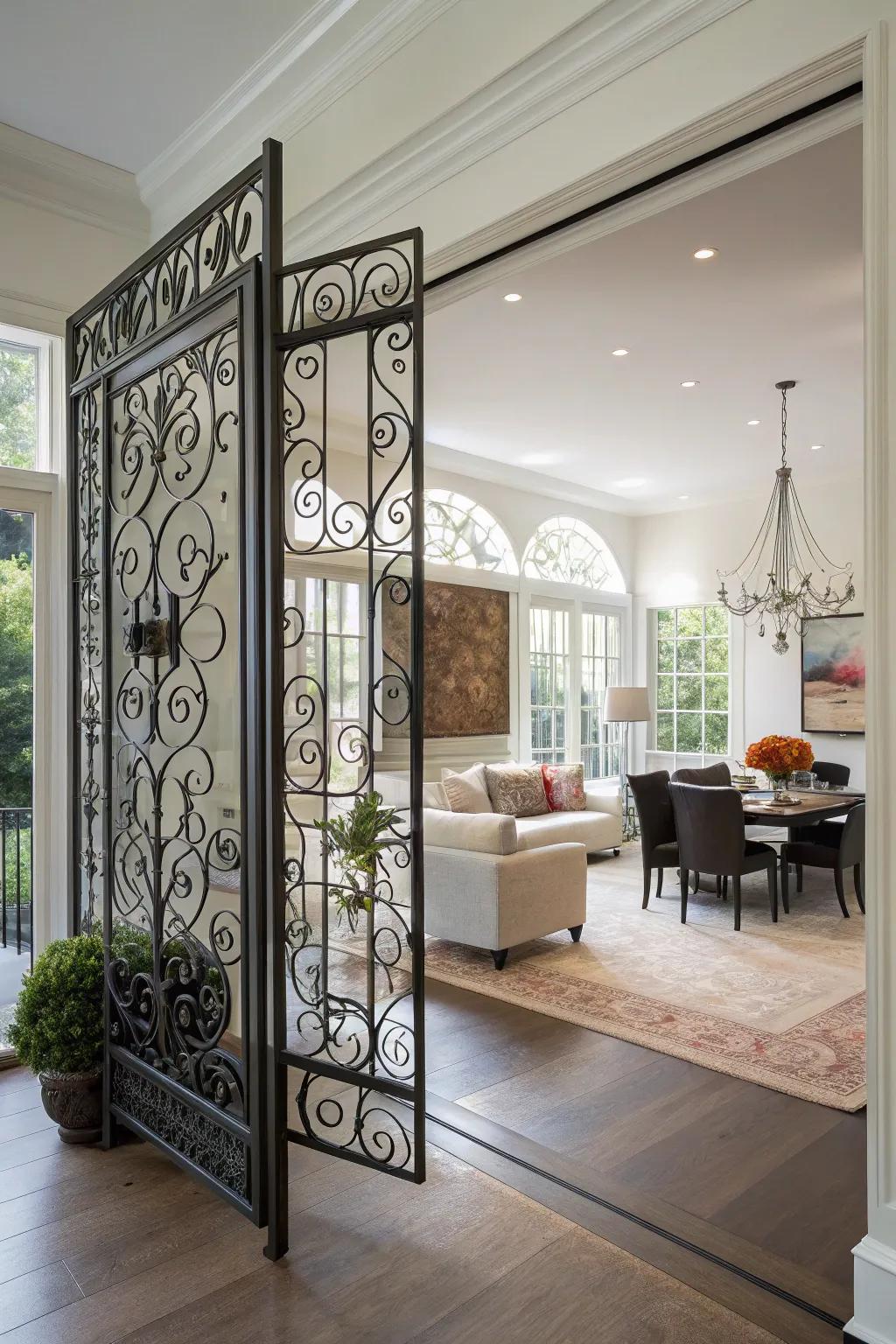 Iron dividers gracefully define living spaces.