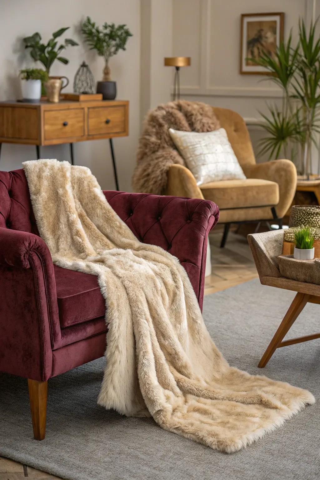 Mixing fabrics like velvet and faux fur adds depth to your Y2K room.