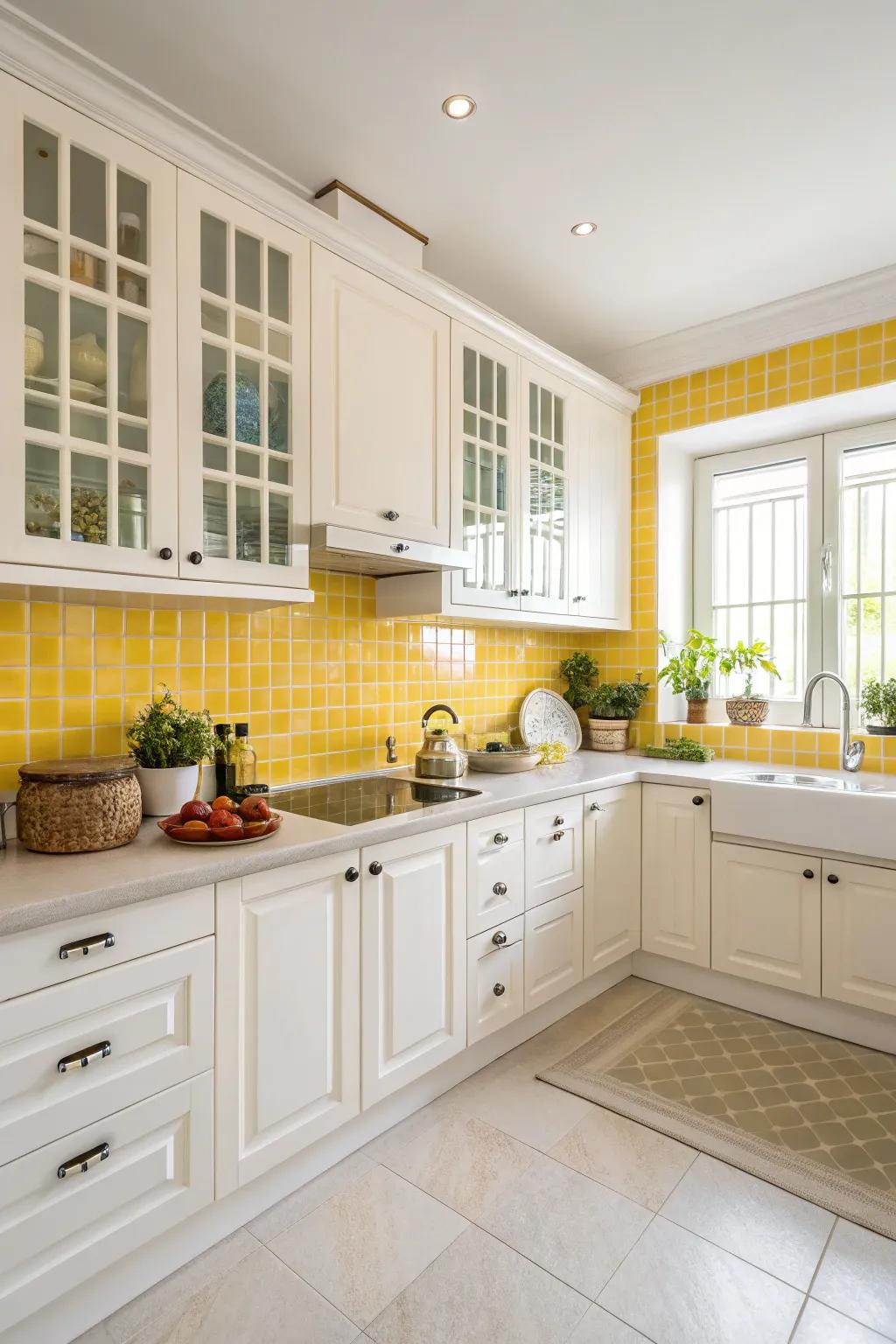 White cabinets balance the bright goldenrod backsplash.