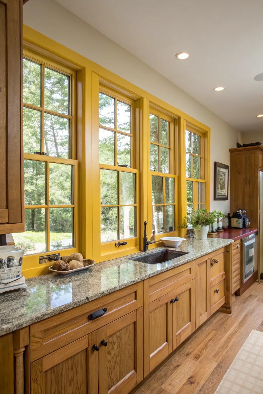 Yellow window casings contribute a subtle yet cohesive detail to any cooking area.