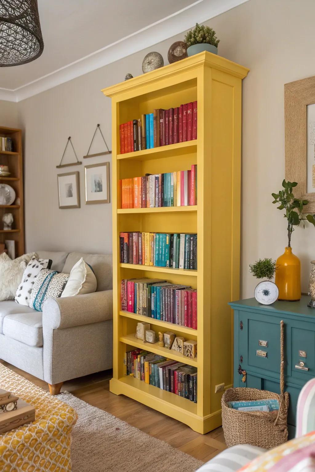 A vibrant living room featuring a yellow bookcase.
