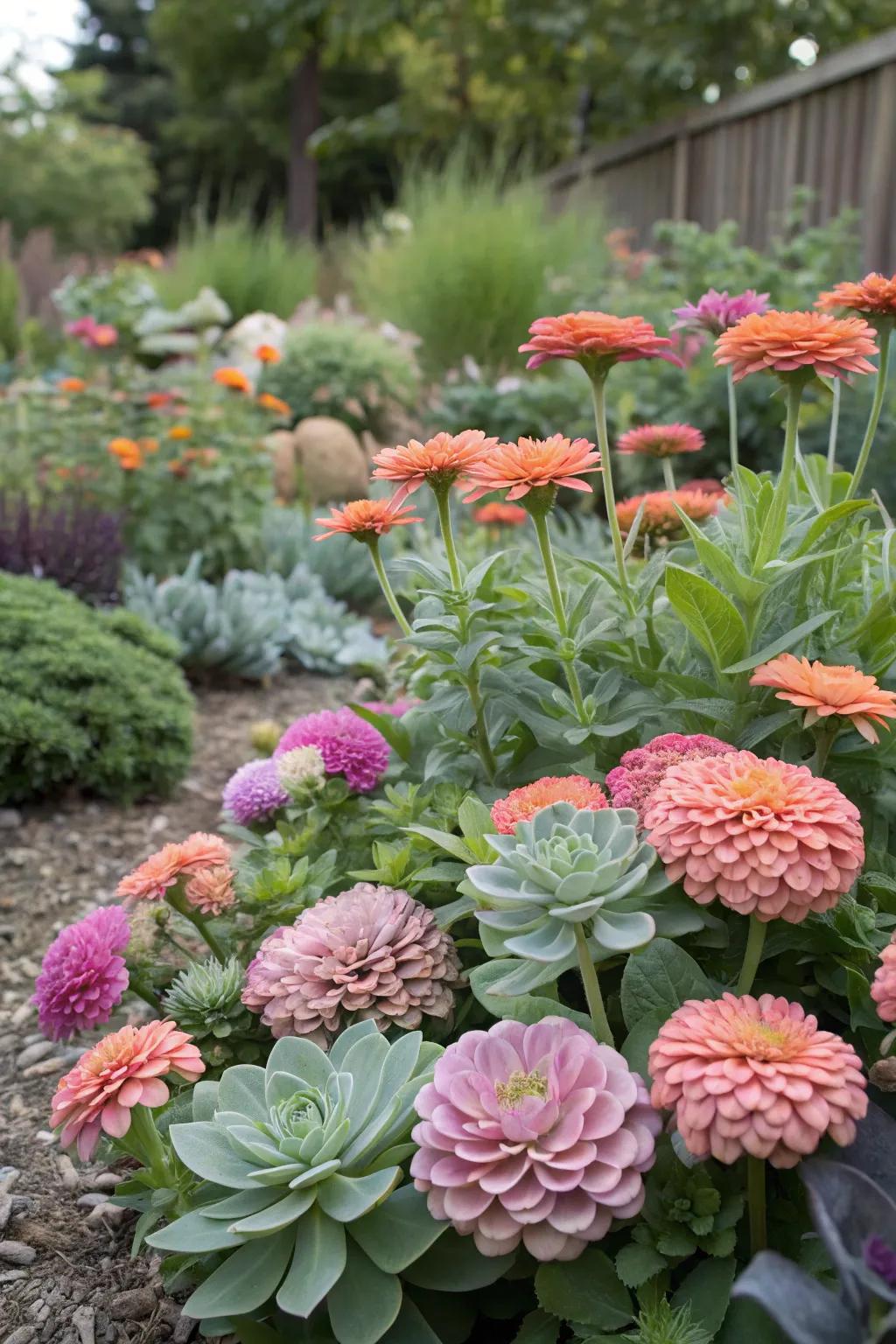 Contrasting textures coexist harmoniously in a garden featuring Glowblooms and succulents.