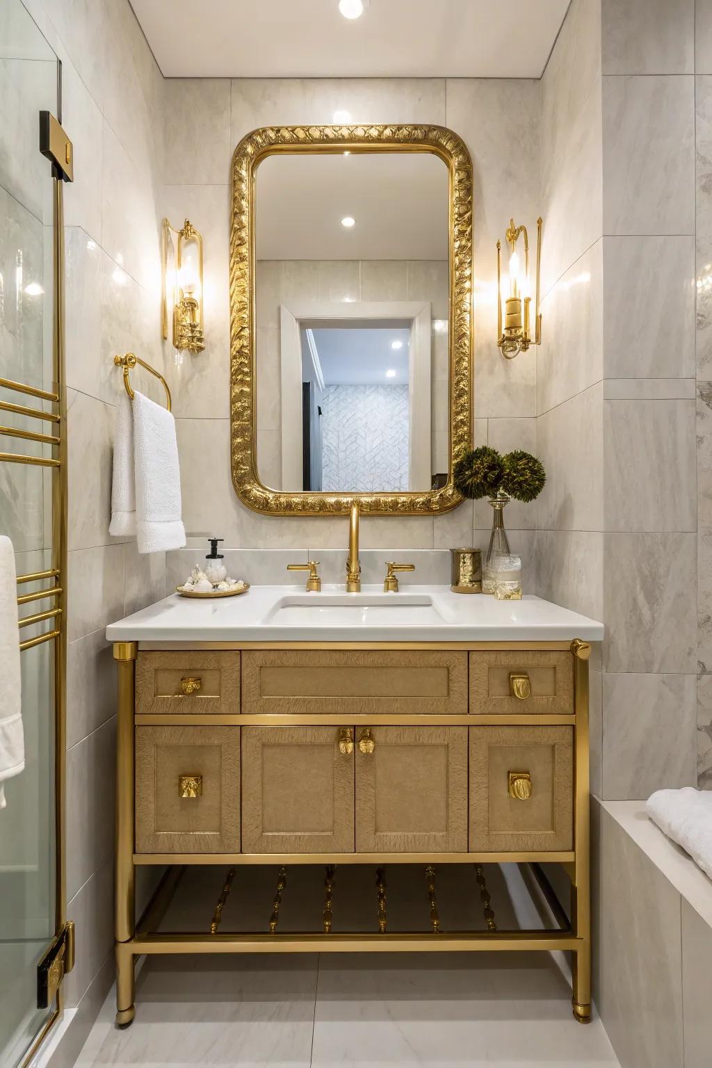 Gold accents add a touch of glamour to this half bath.