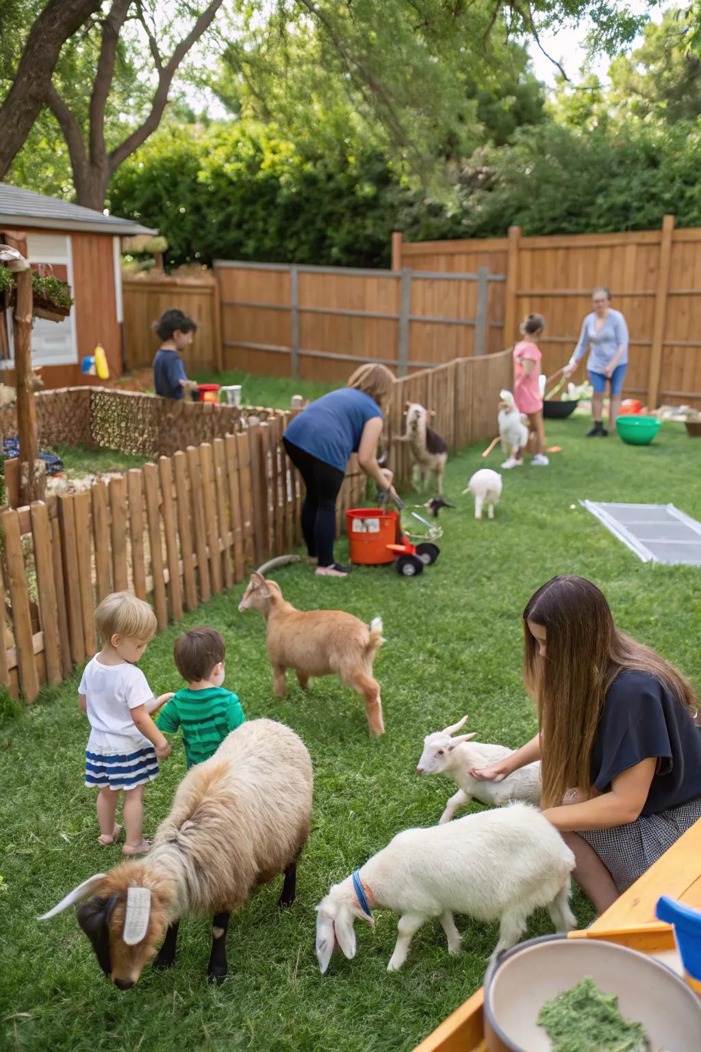 A charming petting zoo setup in the backyard featuring friendly animals.