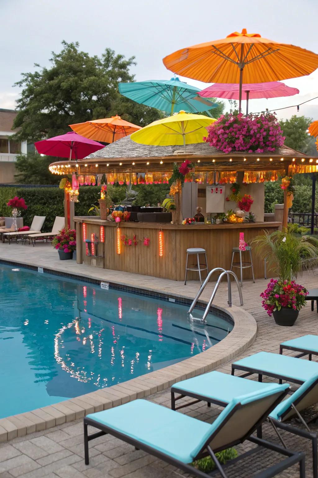 Seasonal decor helps maintain a fresh and inviting poolside bar.