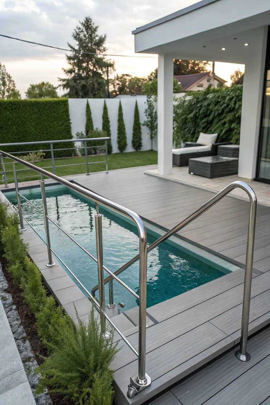 Metal accents inject a modern twist into your pool deck.