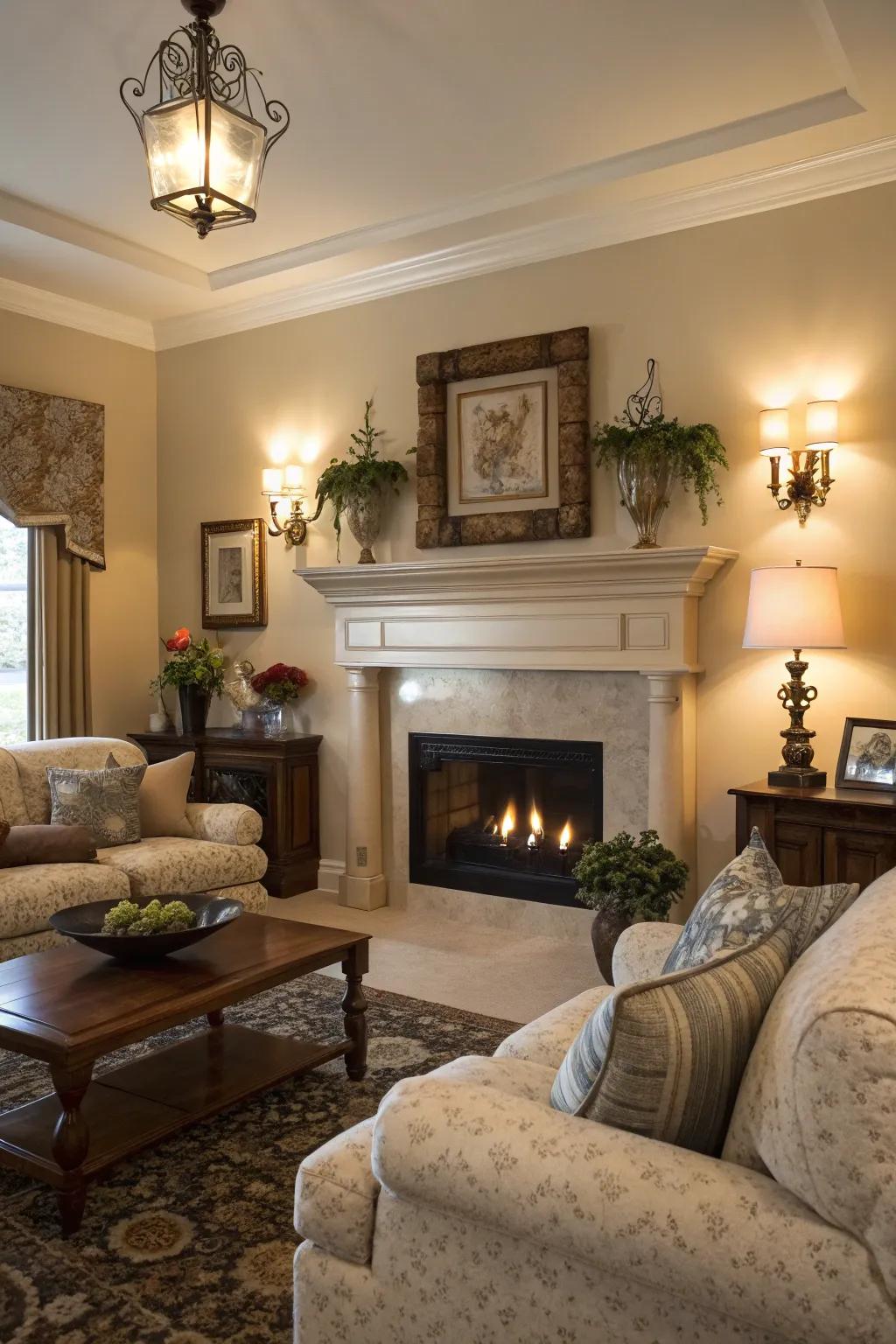 Adjustable sconces make fireplaces a stunning focal point.