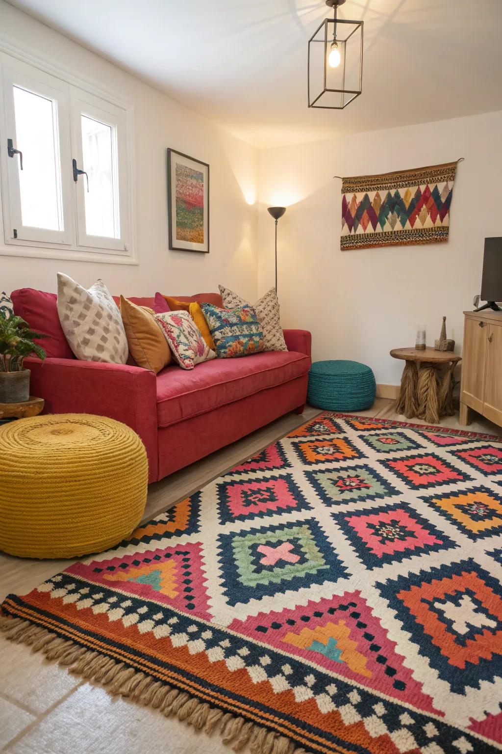Patterns contribute dynamism and flair to this streamlined living area.