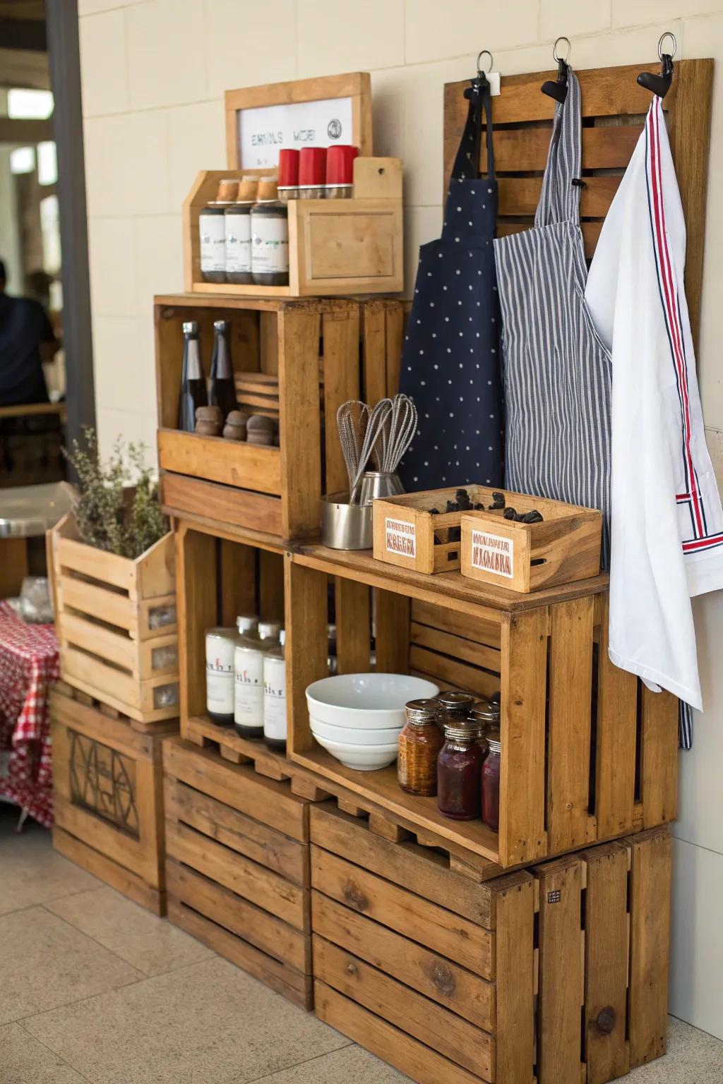 Country-style containers offer a natural element to apron arrangements.