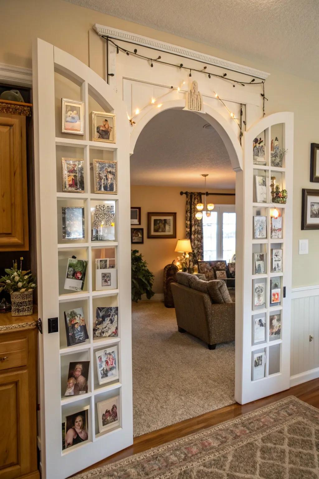 A personalized archway door adorned with family photos, creating a cozy and intimate atmosphere.