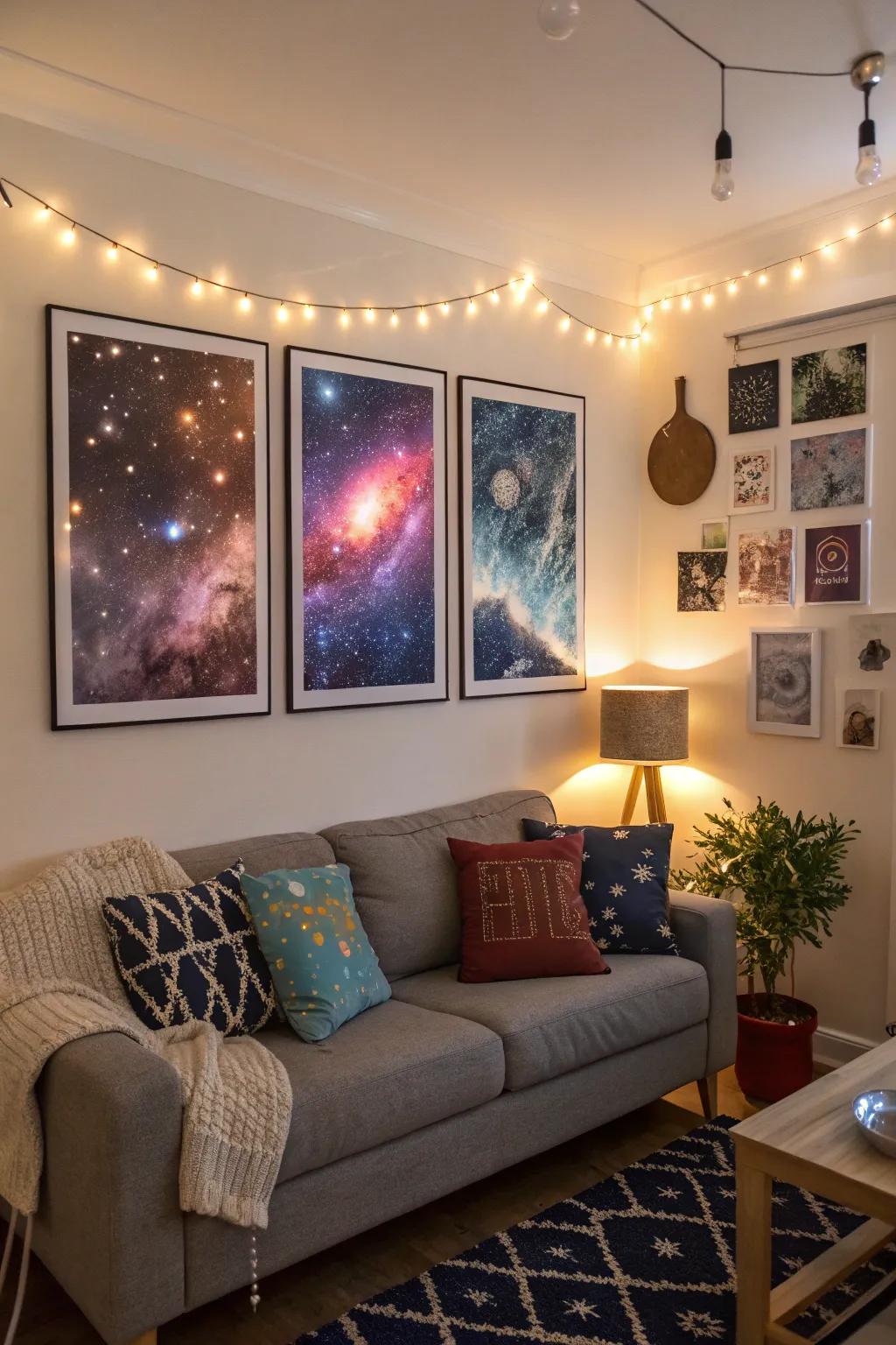 Space-themed artistry inspires awe and wonder in the lounge.