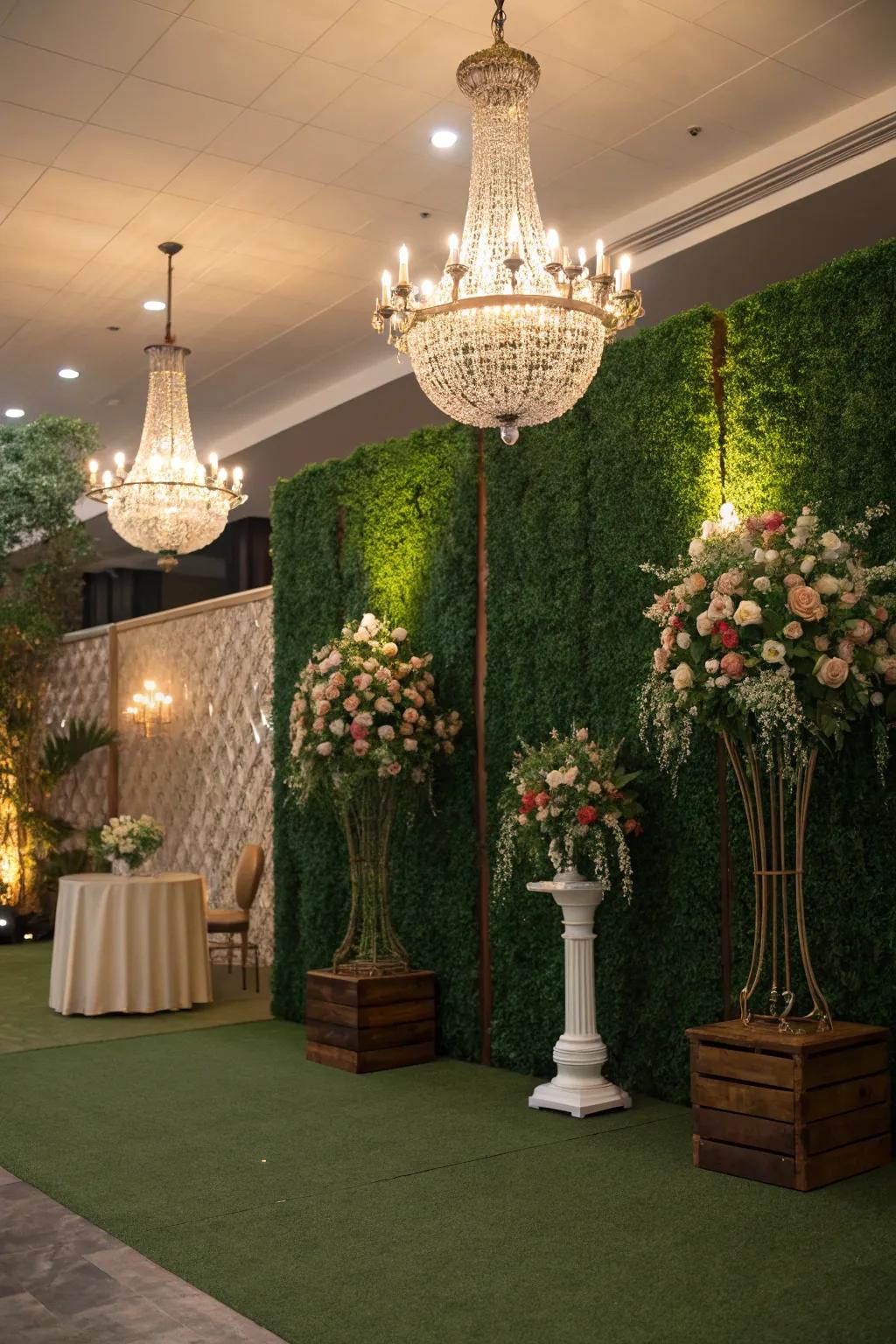 An event setting featuring a stunning artificial grass wall backdrop for memorable photos.