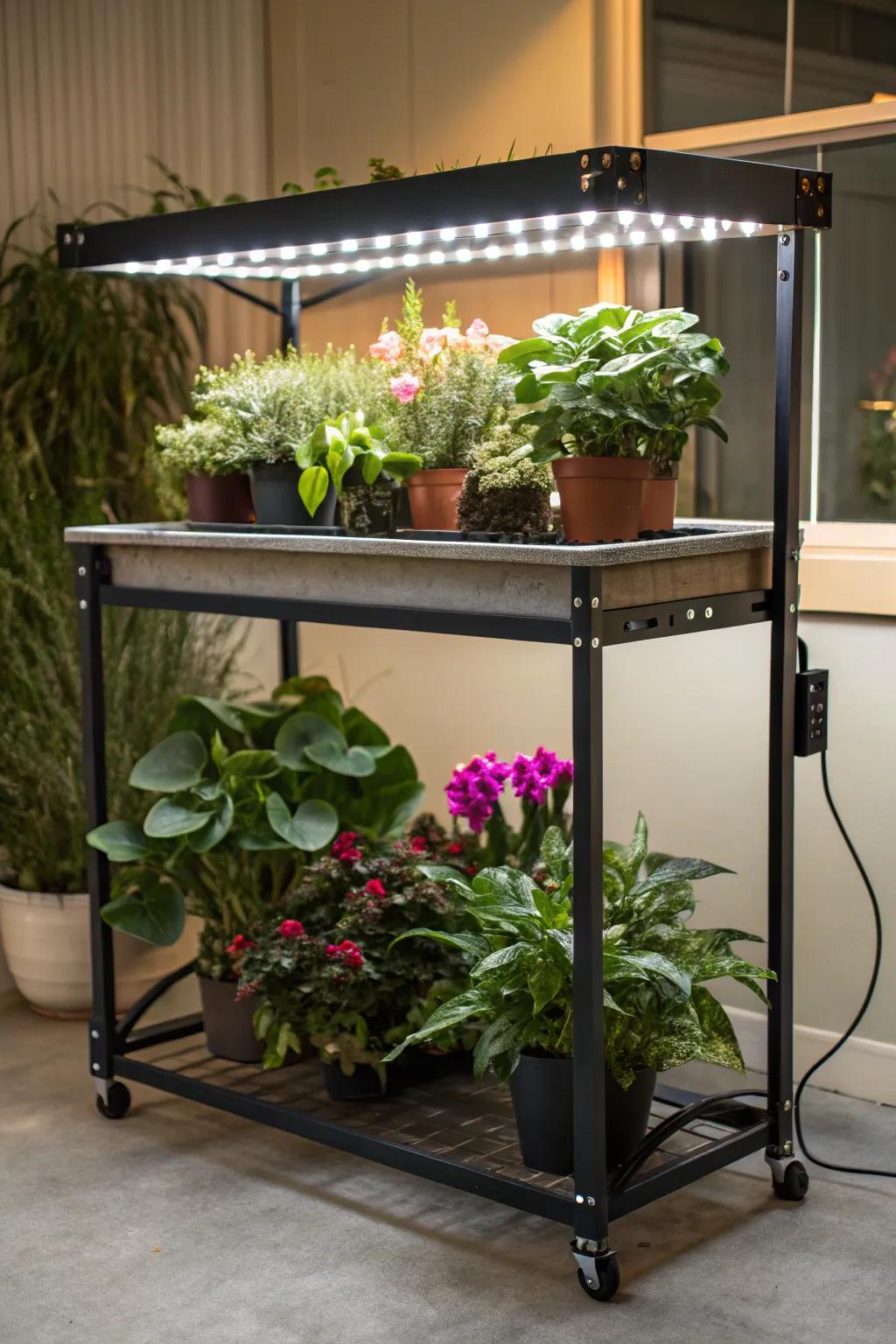 An adaptable table with lights for a practical plant display.