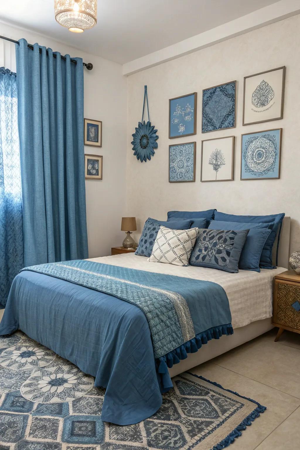 Layered blue hues build dimension and cohesion in a serene bedroom.