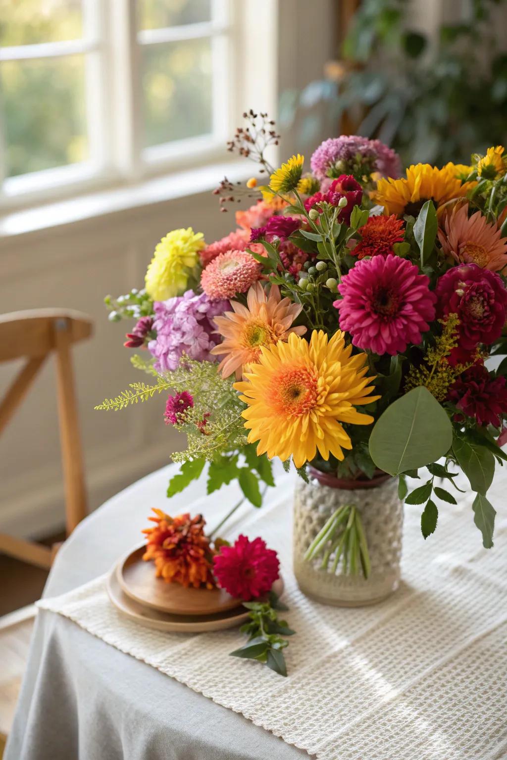 Vibrant centerpiece with time-related blooms.