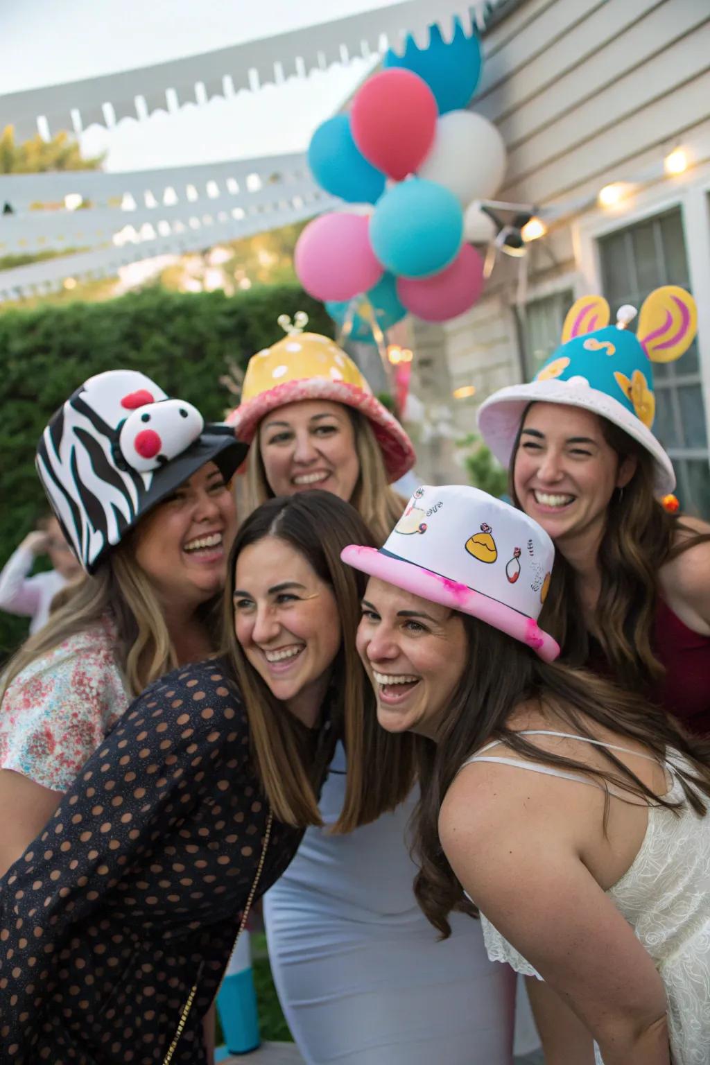 A group of women in fun themed hats.