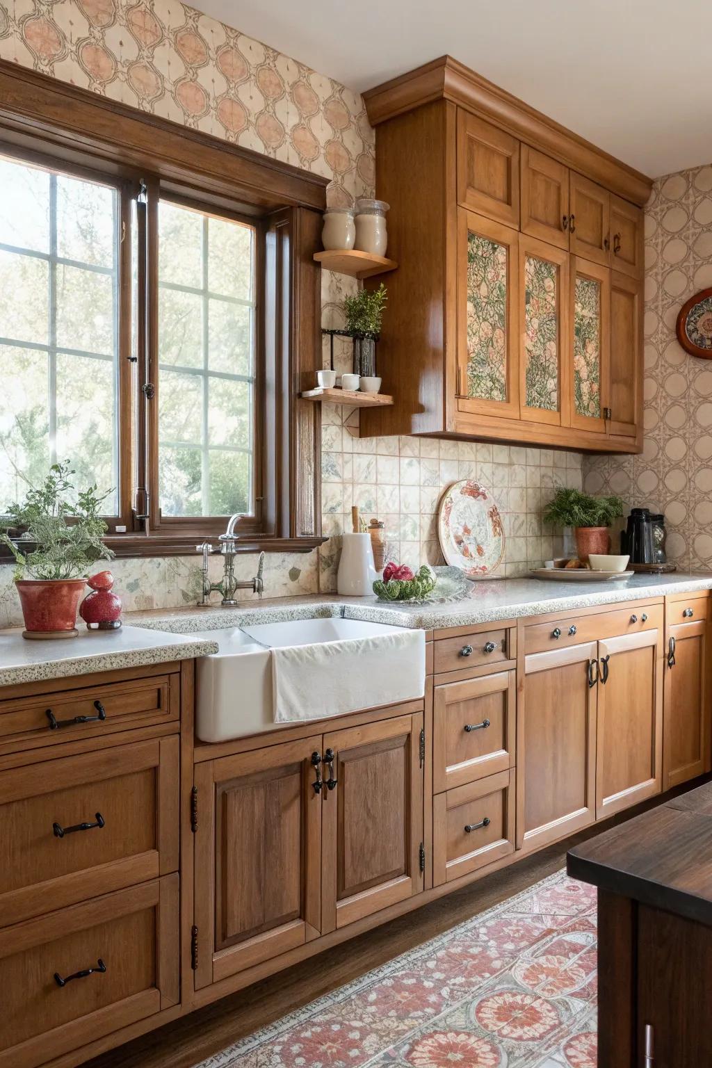 A vintage-inspired backsplash introduces nostalgic charm to the kitchen.