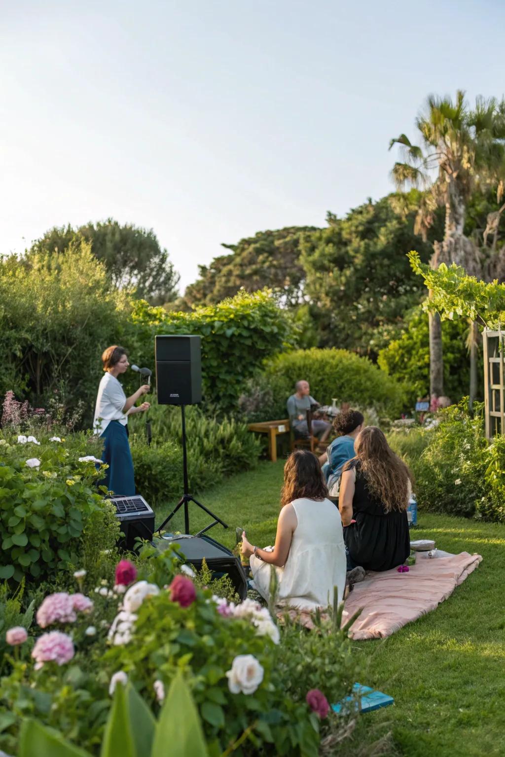 Relaxed music enhances the mood of the garden party.