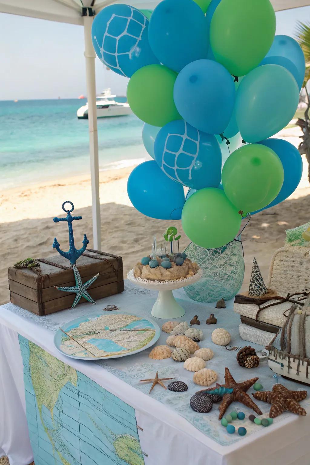 Beneath the marine surface theme via shades of azure and viridescent balloons.