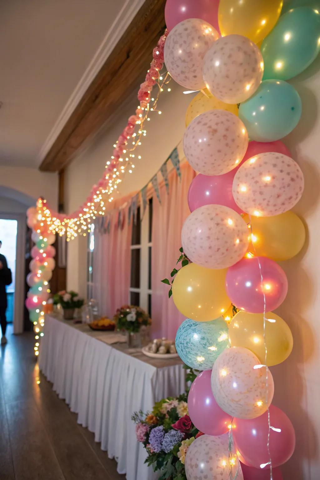 Balloon garland with LED lights giving a magical glow.