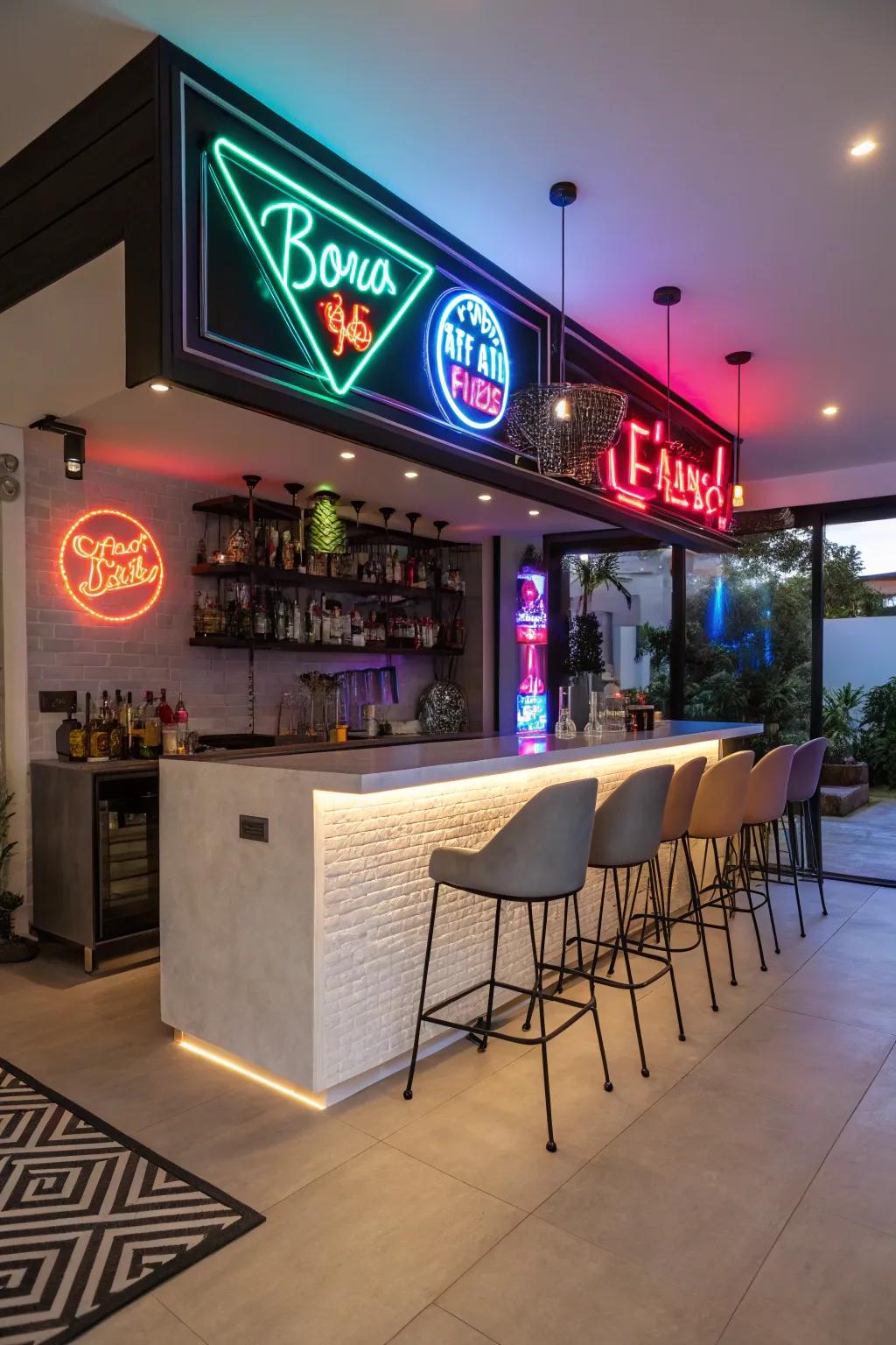 Bright lights lounge provides a modern flair with vibrant lighting.