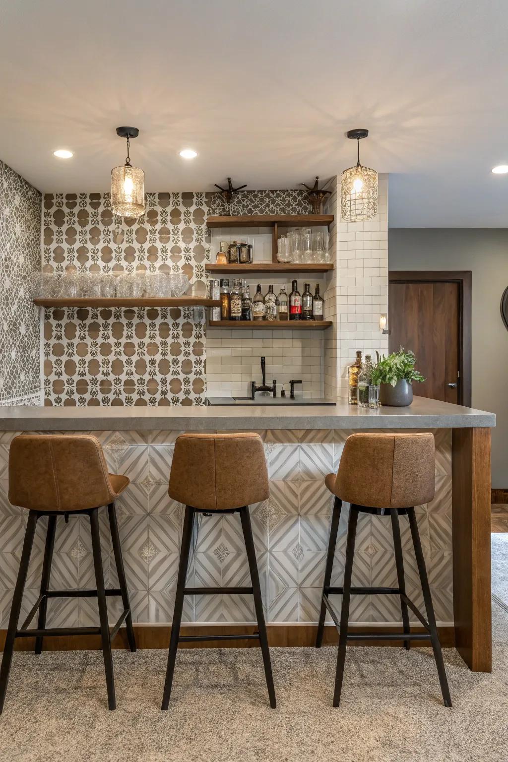 Patterned floor coverings add a modern touch and visual interest to your bar area.