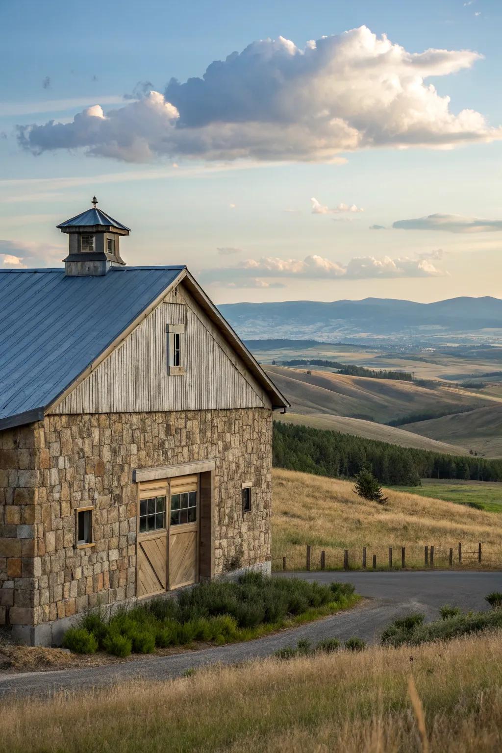 A barn with stone look-alike siding offers a blend of elegance and texture.