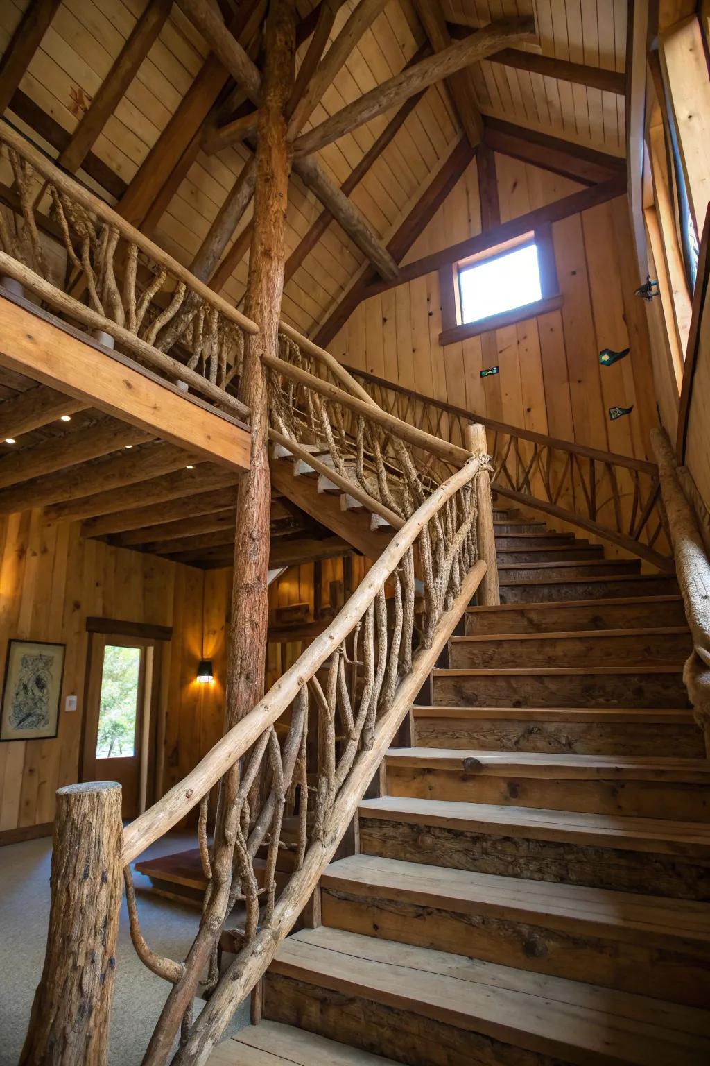Natural branch banisters enhance the rustic allure of barn stairs.