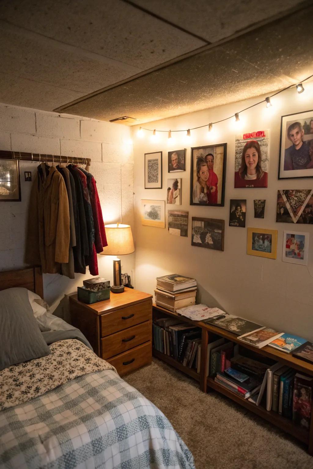 Personal touches like family photos make this basement bedroom uniquely yours.