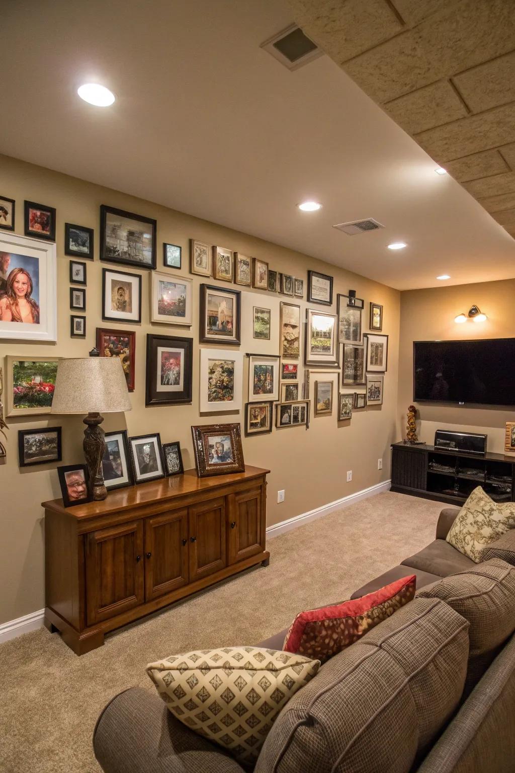 Family photos add a personal touch to this basement retreat.