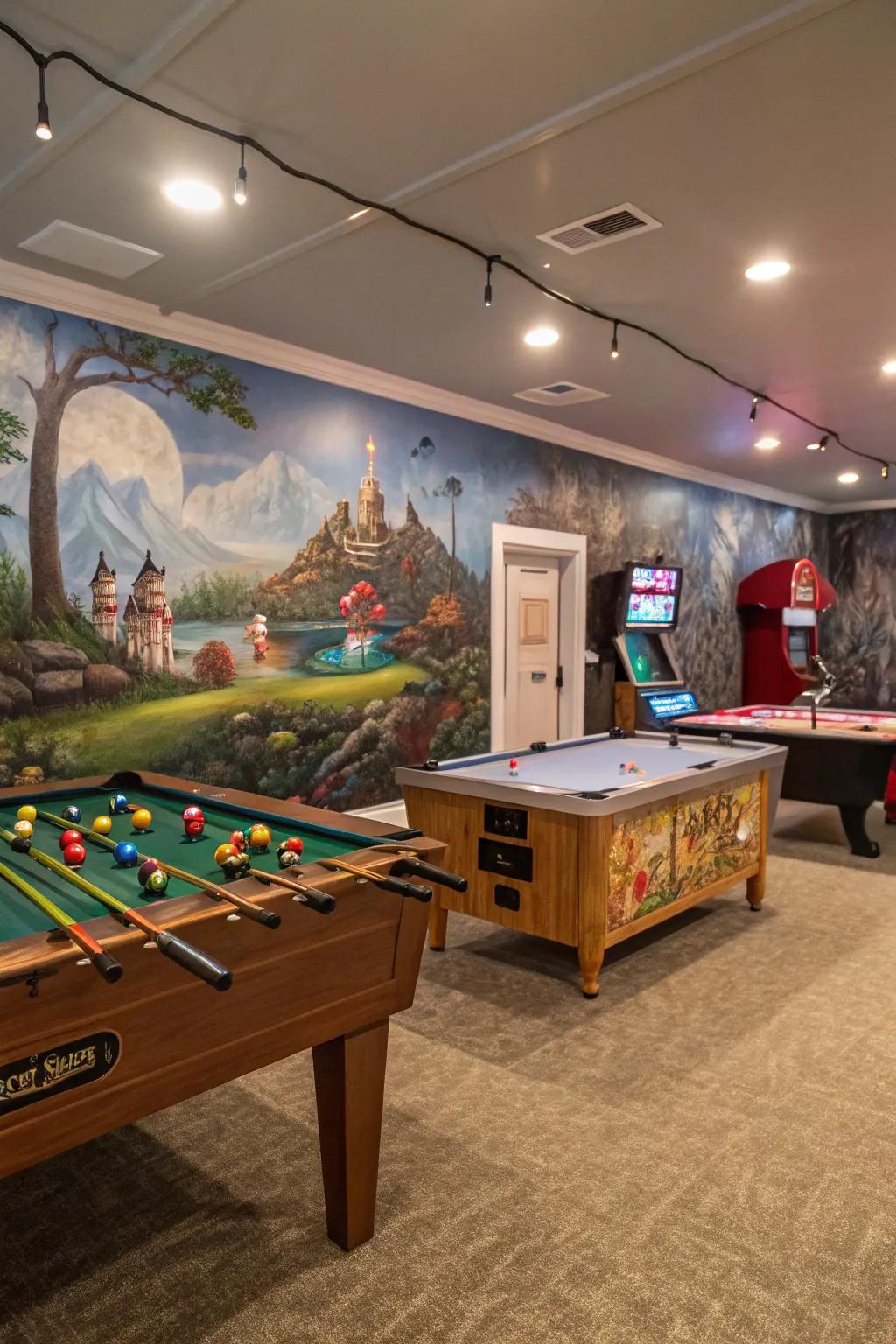Graphic wallpapers add a personal and imaginative quality to the entertainment area.
