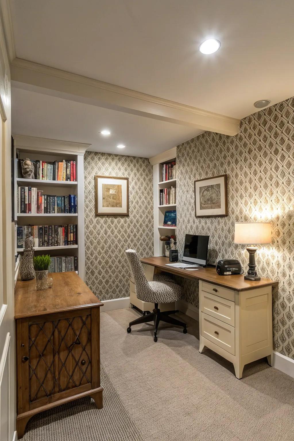 Textured wallpaper adds character and visual interest to your office.