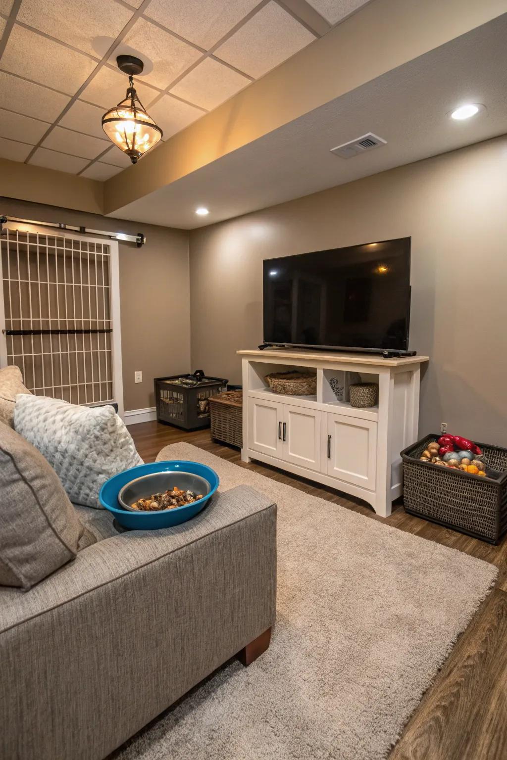 A basement TV chamber showcasing a dedicated pet feeding sector for convenience and organization.