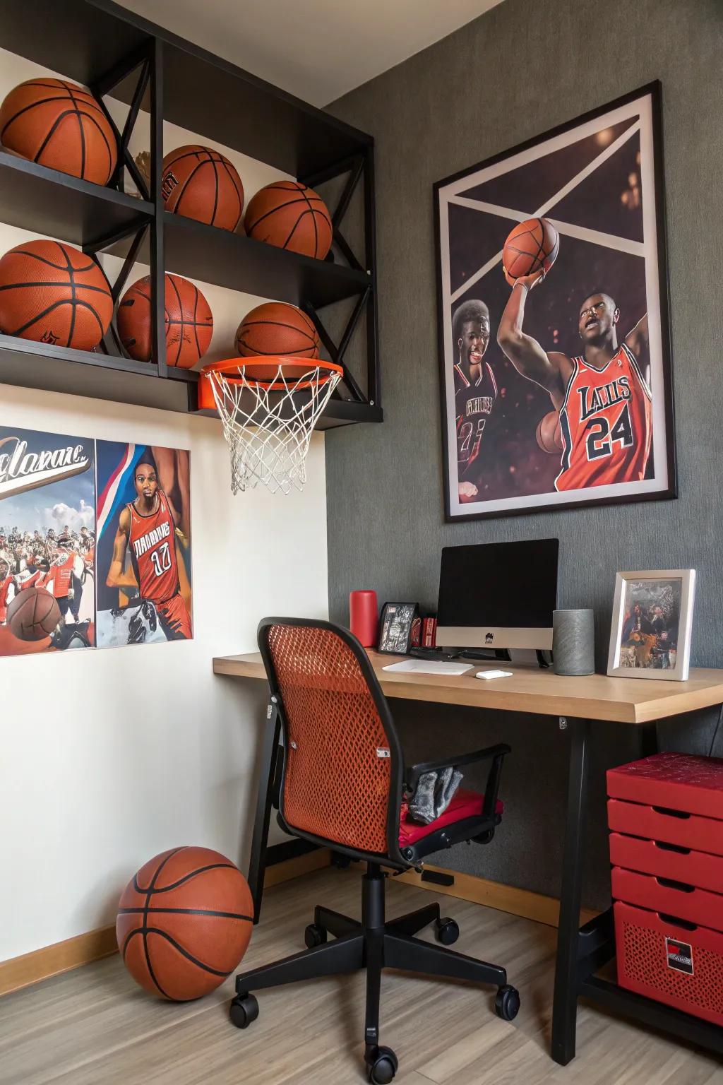 A basketball-themed workspace boosts creativity and focus.