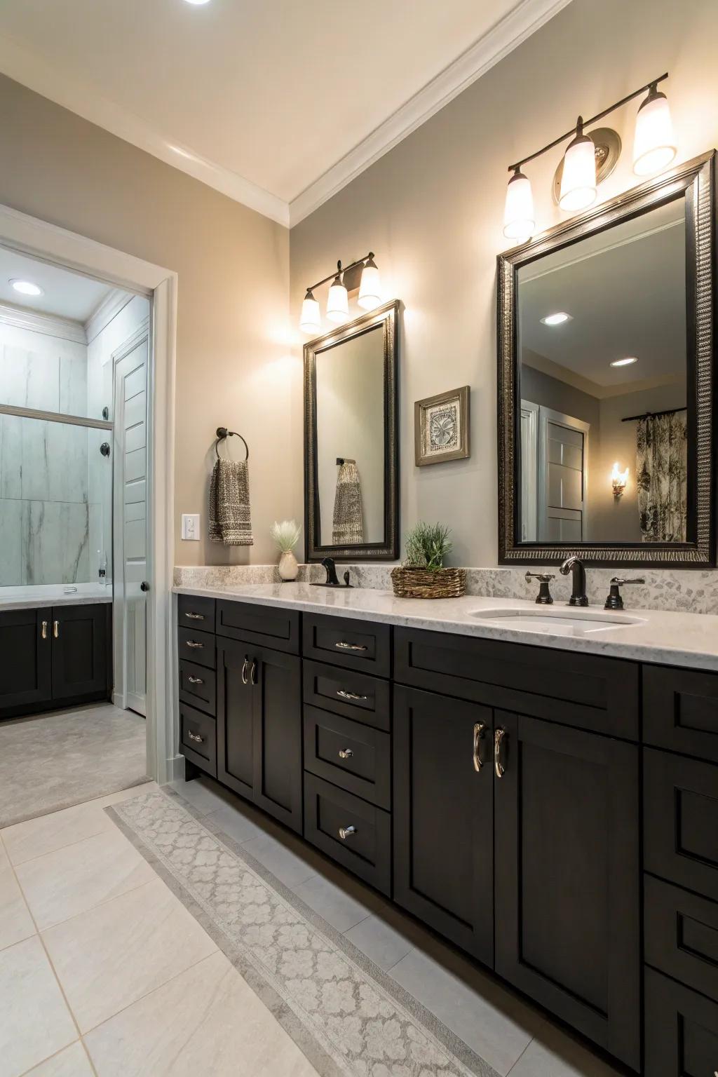Shadowed cabinets impart a sophisticated, dramatic contrast.