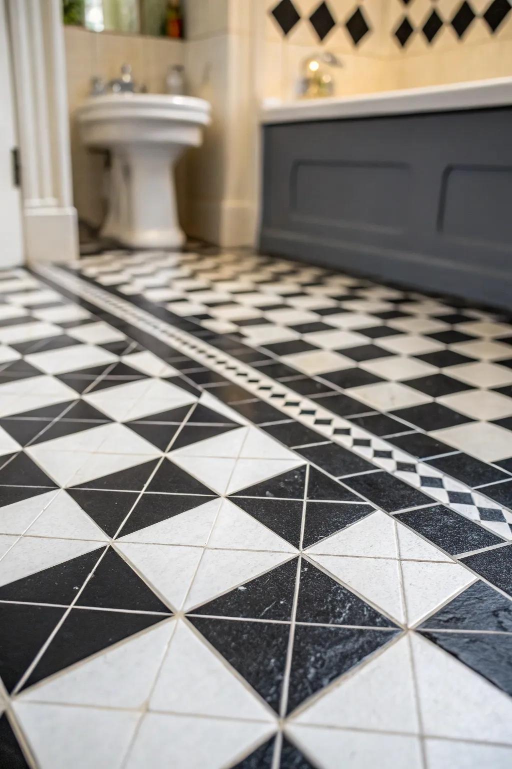 Ebony and ivory tiling presents an audacious and timeless juxtaposition.
