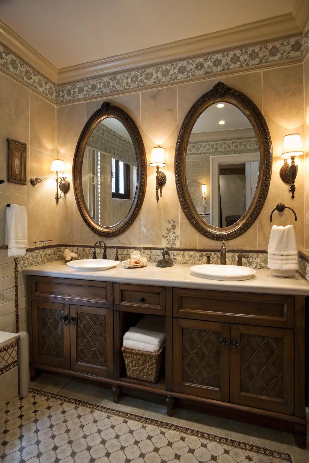 Oval mirrors bring a classic elegance to the vanity area.