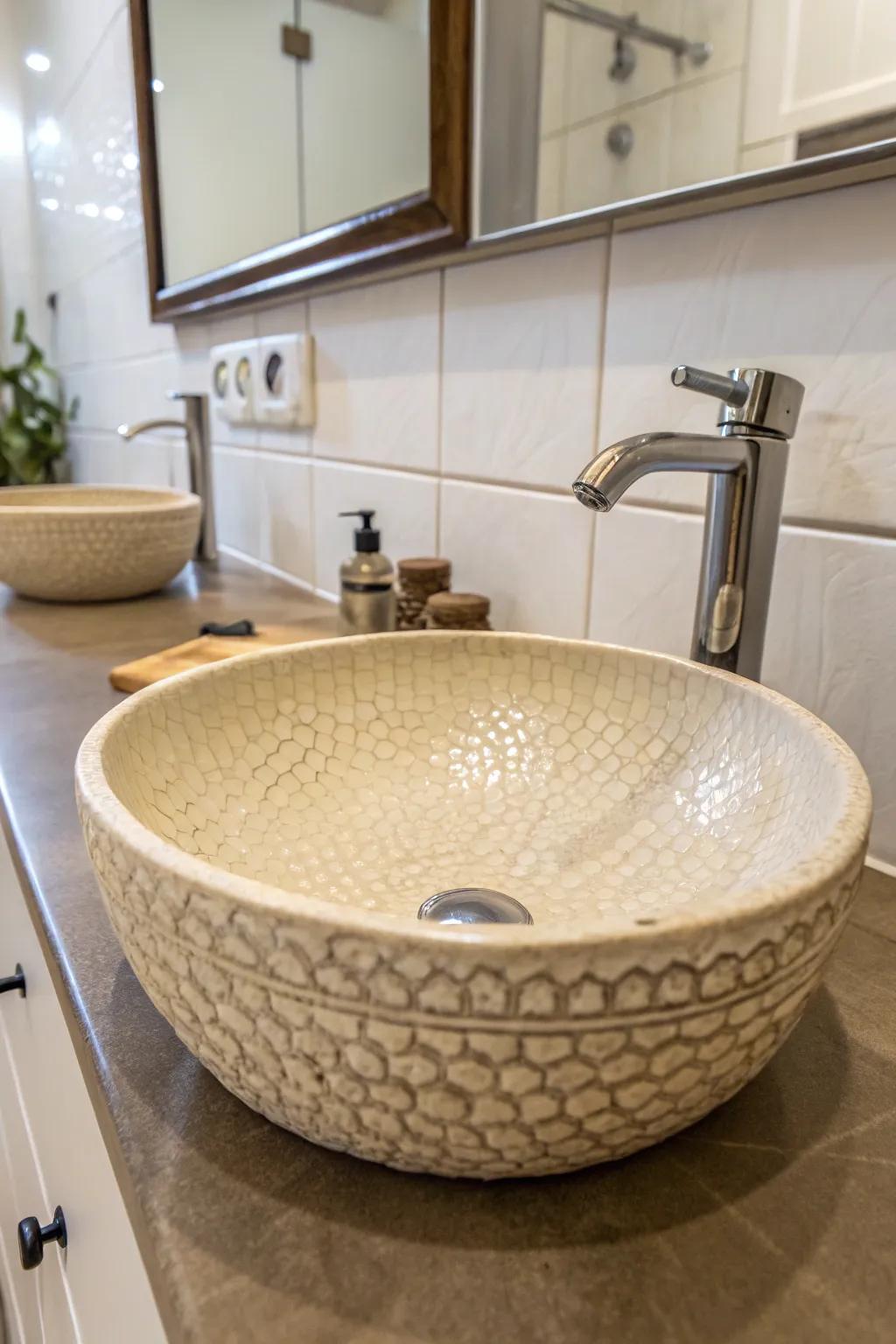 Textured finishes create a visually intriguing sink.