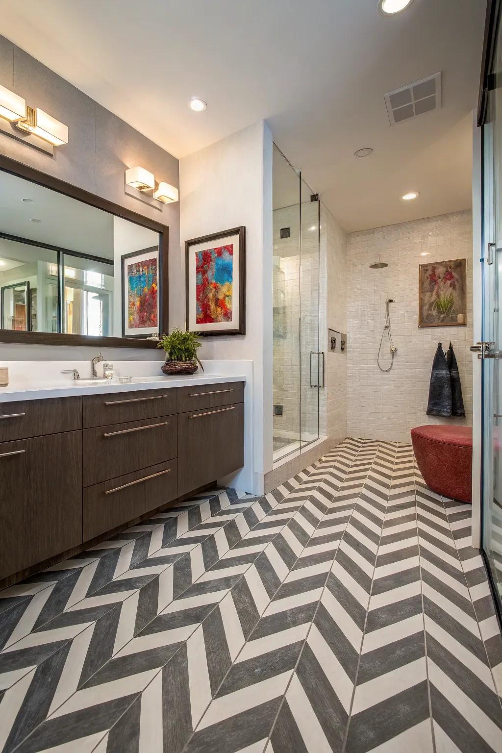 Chevron resilient flooring adds dynamic energy to this stylish bathroom.