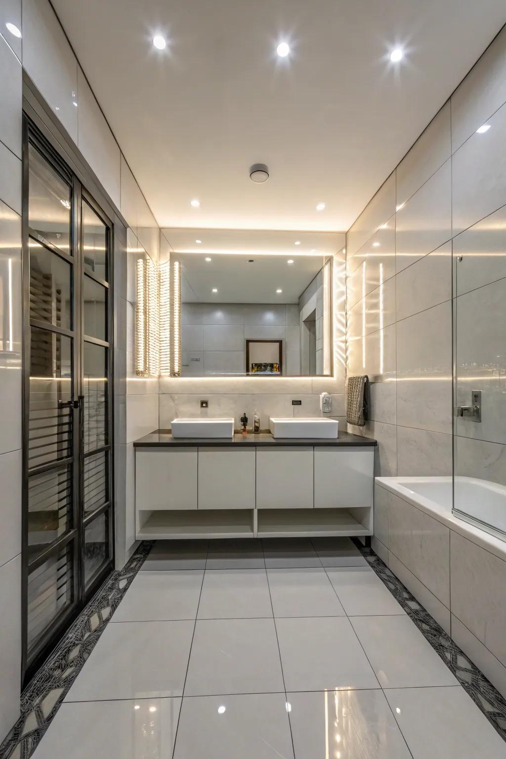 Glossy tiles enhance brightness and space in the bathroom.