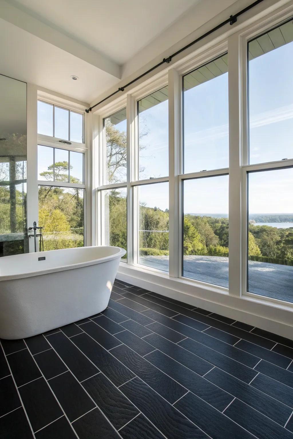 Natural light enhances the dramatic beauty of a black floor.