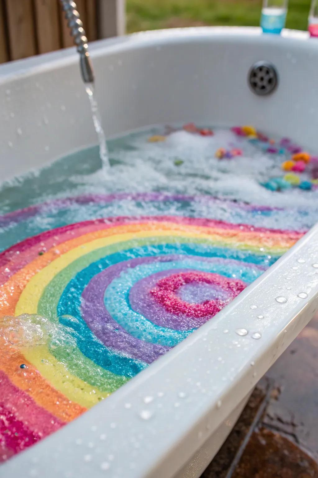 Experience a vibrant bath with the magic of rainbow fizzies.