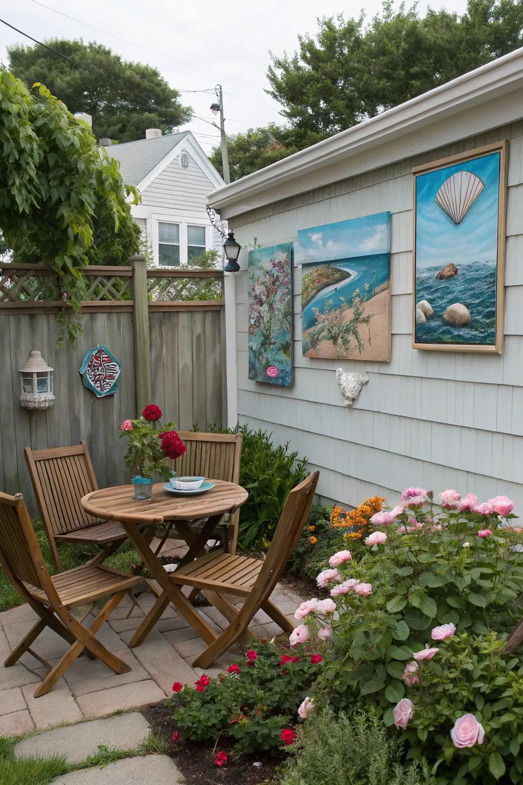 Coastal art adds to a beach theme and a personal touch.